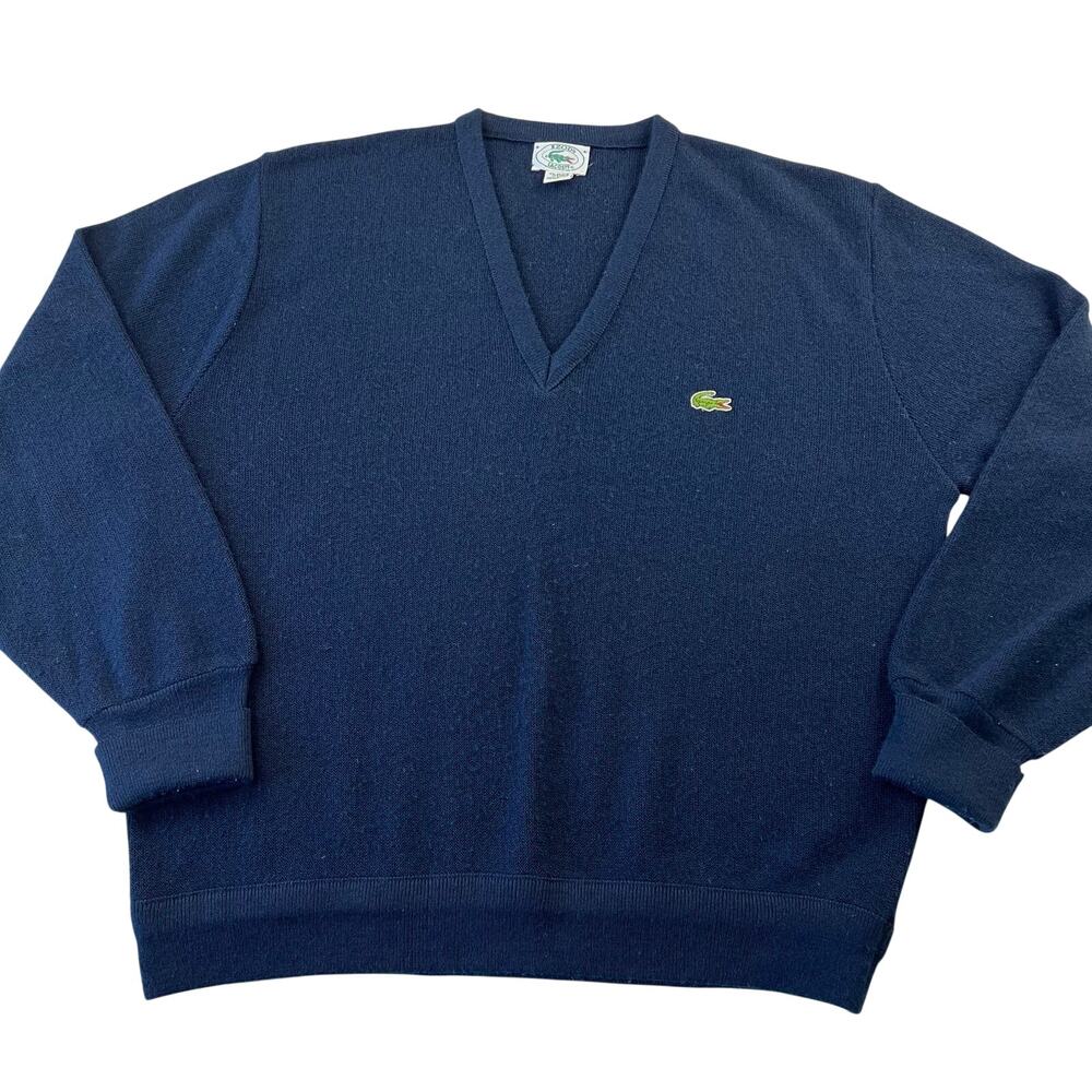 Lacoste Izod Vintage acrylic Knit Sweater V-Neck Navy Blue Men's Size Large